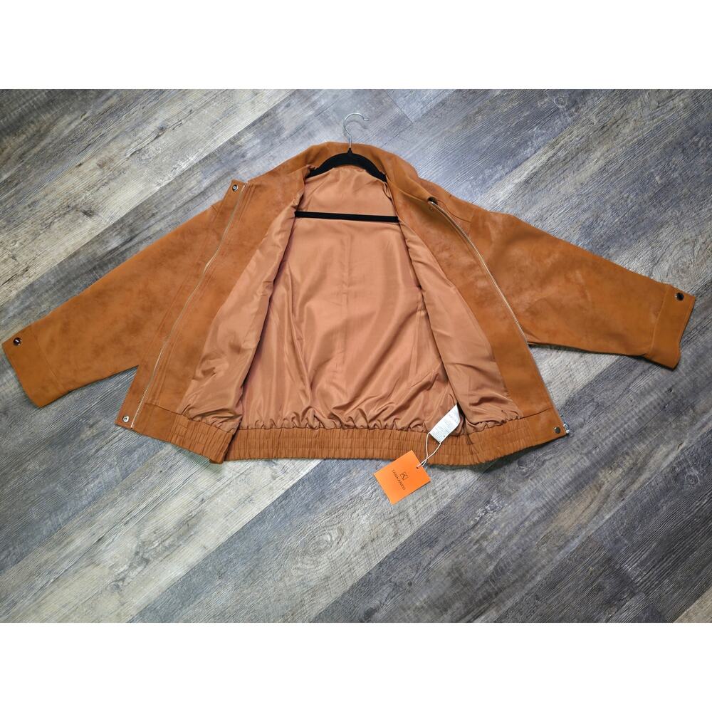 TANKANEO Faux Suede Bomber Jacket Camel Brown Zip Snap NWT S - Picture 2 of 10